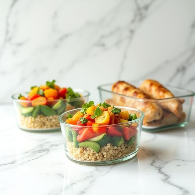 Healthy meal prep ingredients arranged on a clean white countertop
